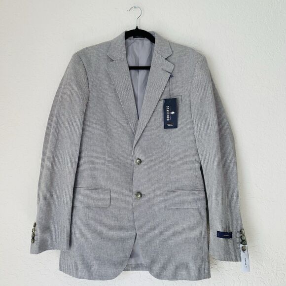 NWT Stafford Sport Coat Men 34R Gray Houndstooth Linen Cotton Blazer Jacket Work - Picture 1 of 13